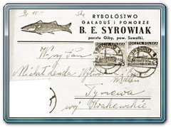 Firmowa karta pocztowa „Rybołówstwo / Gaładuś i Pomorze /B.E. Syrowiak/ poczta Giby, pow. Suwałki”, 1937 r.